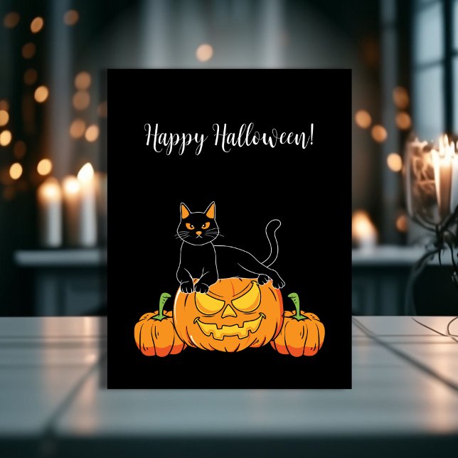 Postal Impresión de gatos y calabazas de Halloween con es (Black Stylish Happy Halloween Cat & Pumpkin Print Postcard!)