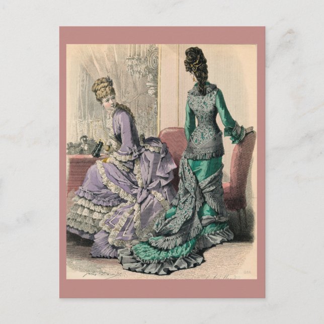 Postal impresión de modas victorianas de febrero de 1877 (Anverso)