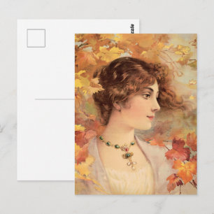 Postal Impresión de Mujer de Otoño Art Nouveau con Follaj