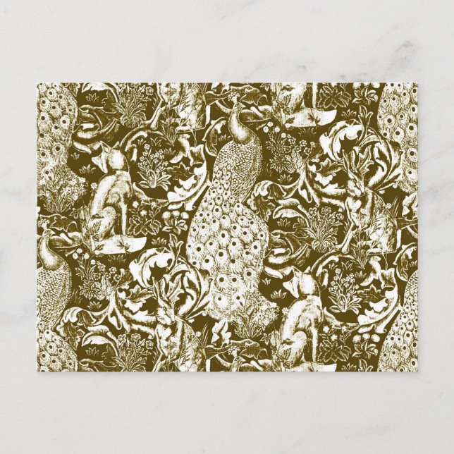 Postal Impresión de pavo real Art Nouveau, marrón y crema (Anverso)