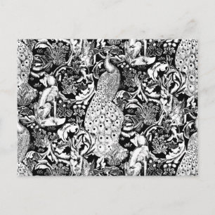 Postal Impresión de pavo real Art Nouveau, negro y blanco