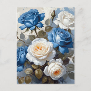 Postal Impresión floral de rosas azules y blancas
