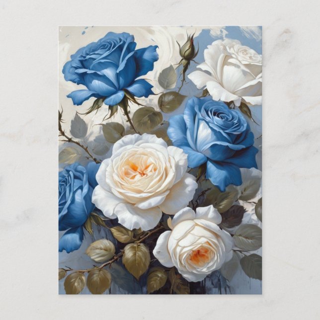 Postal Impresión floral de rosas azules y blancas (Anverso)