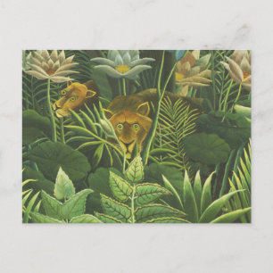 Postal Impresión vintage de león en jungla tropical de He