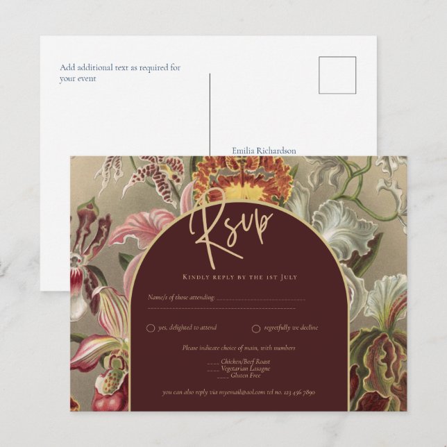Postal Impresionante Boda Botánica Borgoña Floral (Anverso / Reverso)