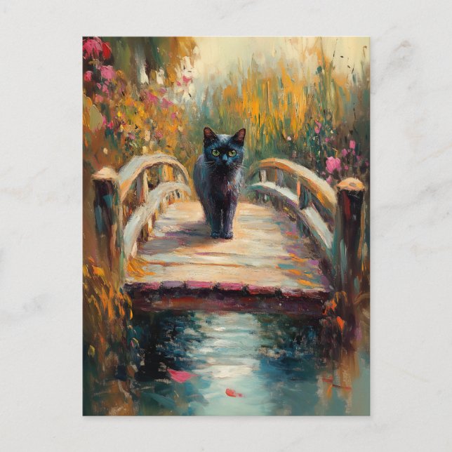 Postal Impresionante pintura al óleo de gato negro sobre  (Anverso)