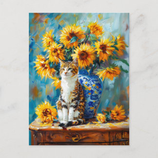 Postal Impresionante pintura al óleo de gato por girasol 