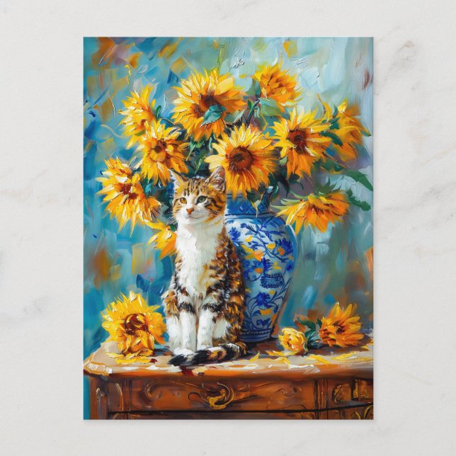 Postal Impresionante pintura al óleo de gato por girasol  (Anverso)