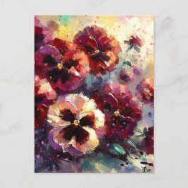 Postal Impresionante pintura con flores de Maroon Pansies