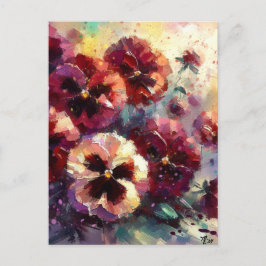 Postal Impresionante pintura con flores de Maroon Pansies
