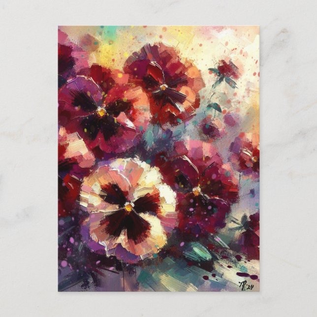 Postal Impresionante pintura con flores de Maroon Pansies (Anverso)