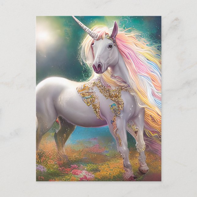 Postal Impresionante unicornio blanco de cuerpo entero má (Anverso)