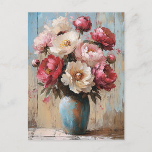 Postal Impresionista bolsa azul de flores rosadas