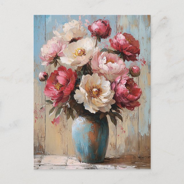 Postal Impresionista bolsa azul de flores rosadas (Anverso)