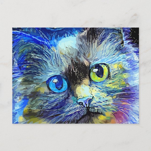 Postal Impresionista de noche estrellada retrato de gato  (Anverso)