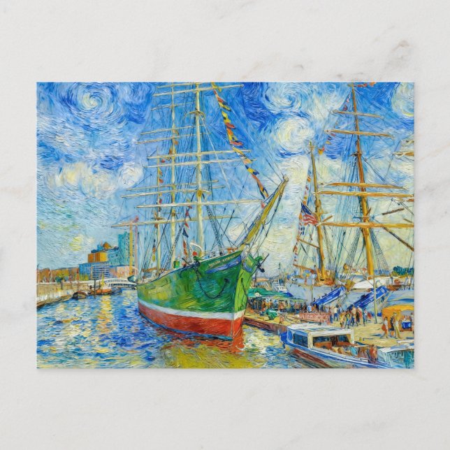 Postal Impressionist Tall Ship in Hamburg Harbor with Ref (Anverso)