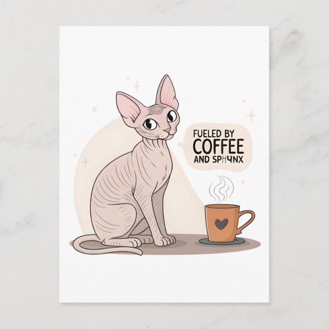 Postal Impulsado por café e ilustraciones de gatos Sphynx (Anverso)