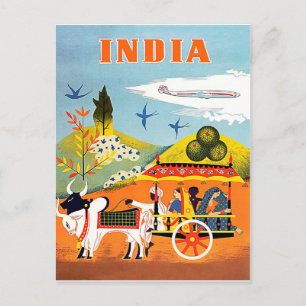 Postal India, arte tradicional, gente en carros,vintage
