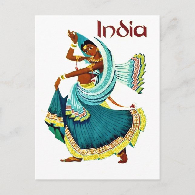 Postal India, bailarina tradicional, viajes vintage (Anverso)
