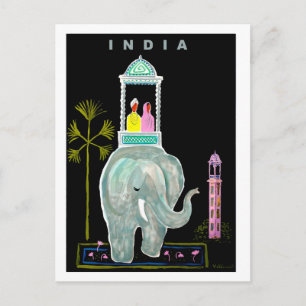 Postal India, pareja montada en elefante azul, pintura
