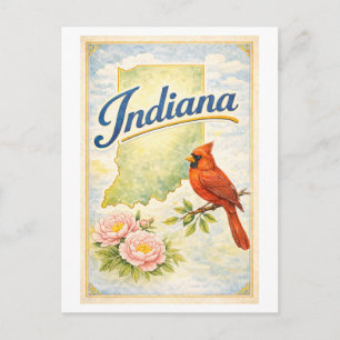 Postal Indiana de estilo vintage con cardenal y peonía