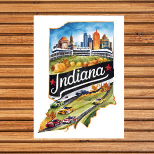 Postal Indiana USA Estado Forma Acuarela Vintage 