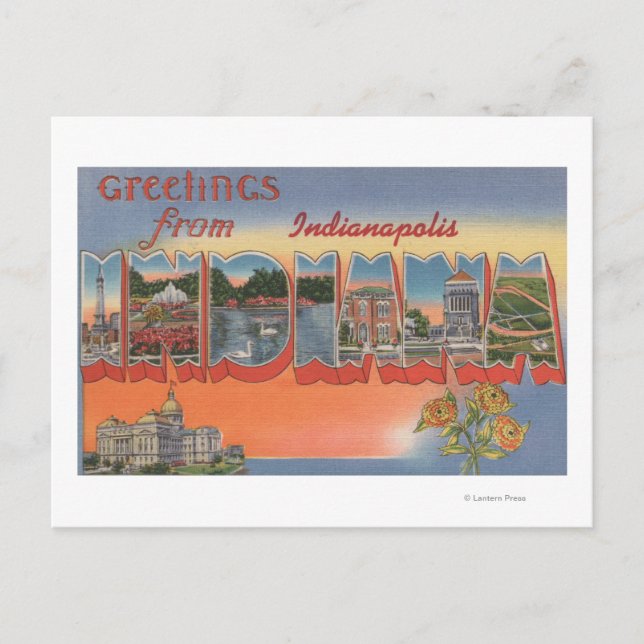 Postal Indianápolis, Indiana - Escenas de letras grandes  (Anverso)