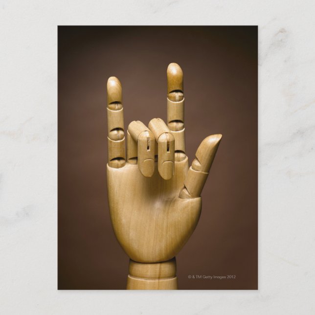 Postal Índice de mano de madera y dedo pequeño extendido, (Anverso)