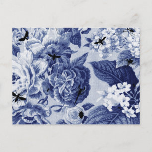 Postal Indigo azul botánico y abejas dibujando toile flor