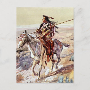 Postal “Indio con lanza” Arte vaquero de Charles Russell