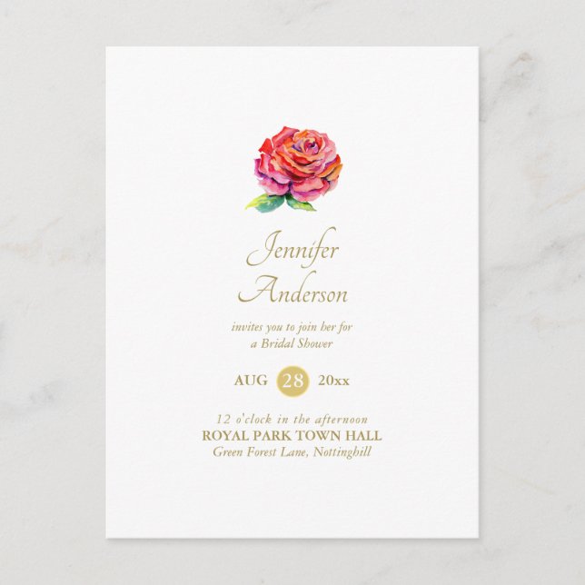 Postal Indulgente Red Rose Watercolor Gold Briower (Anverso)