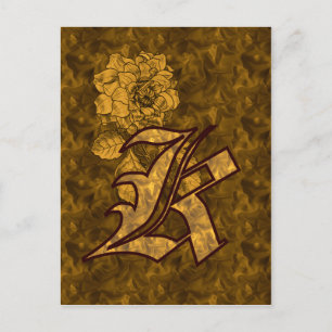 Postal Inicial de monograma K elegante flor de peonía dor