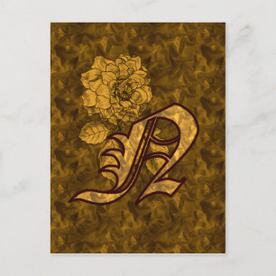 Postal Inicial de monograma N Elegante flor de peonía dor