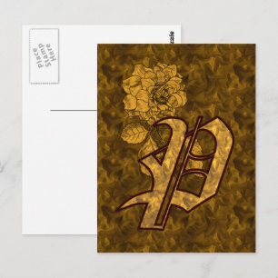 Postal Inicial de monograma P Flor de peonía dorada elega