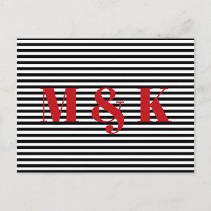 Postal Iniciales de monograma personalizado rayas rojas n