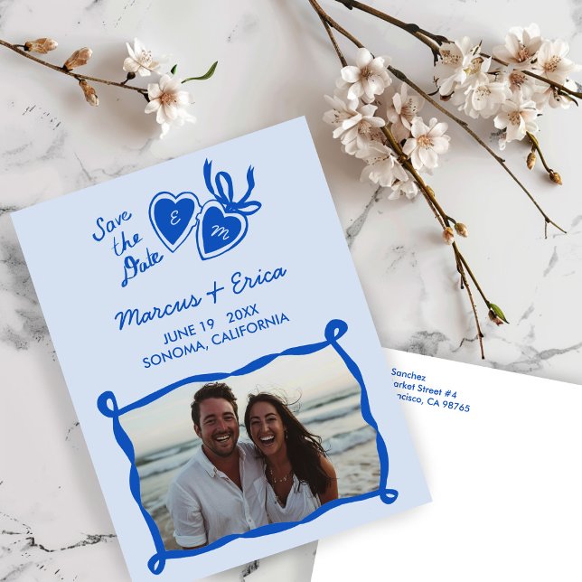 Postal Iniciales fotográficas de Personalizado de bloqueo (Heart Locket Custom Photo Initials Save the Date Postcard
BLue)