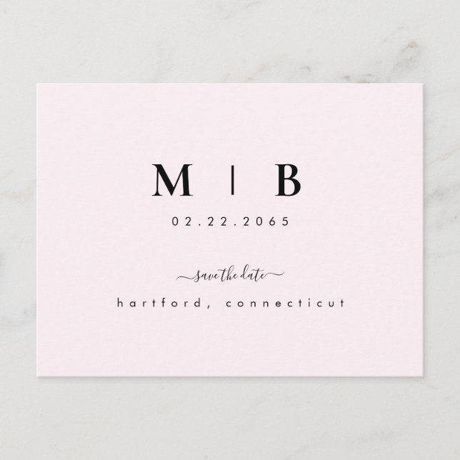 Postal Iniciales simples Swash Boda rosa Guardar la fecha (Anverso)