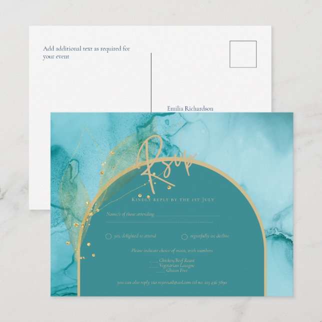 Postal INK Ocean Turquoise Boda Verde azulada de Oro RSVP (Anverso / Reverso)