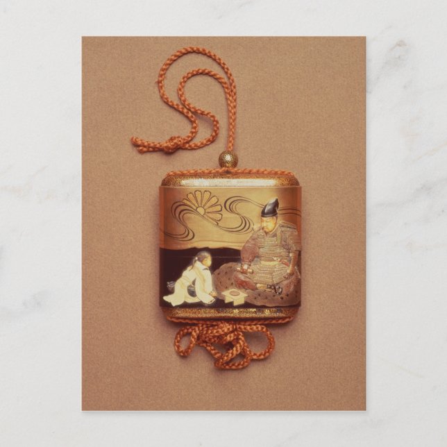 Postal Inro mostrando a un sirviente arrodillándose ante  (Anverso)