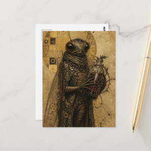 Postal insecto cigarra retro sostiene una botella envuelt