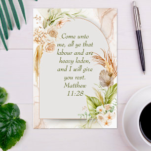Postal Inspirador Mateo 11:28 Arco floral boho