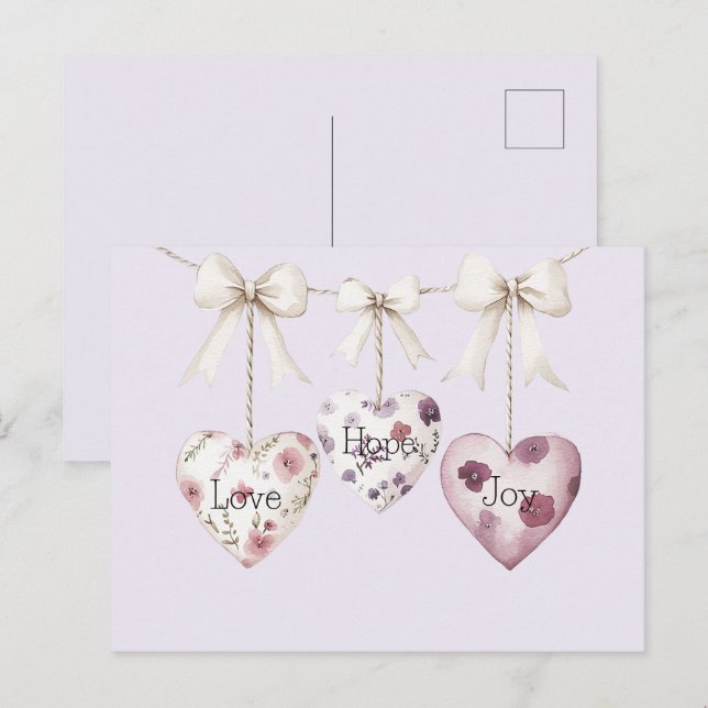 Postal Inspirational Floral Love Hope Joy Hearts Bow (Anverso / Reverso)