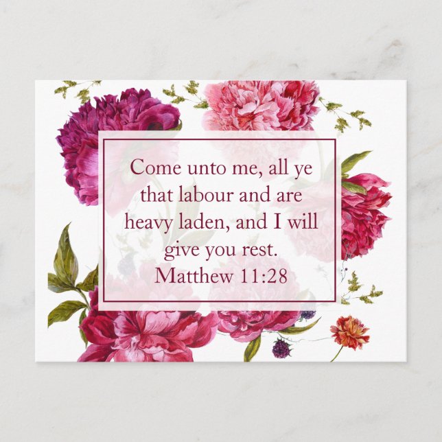 Postal Inspirational Matthew 11:28 Pink Floral (Anverso)