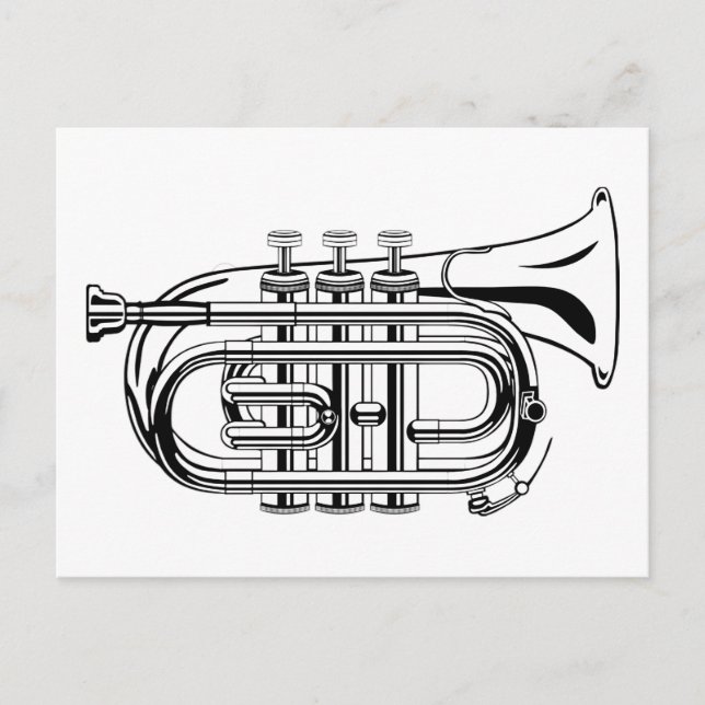 Postal Instrumento musical de boceto de trompeta blanco y (Anverso)