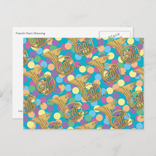 Postal Instrumento musical del Cuerno de Francia dibujand (Anverso / Reverso)