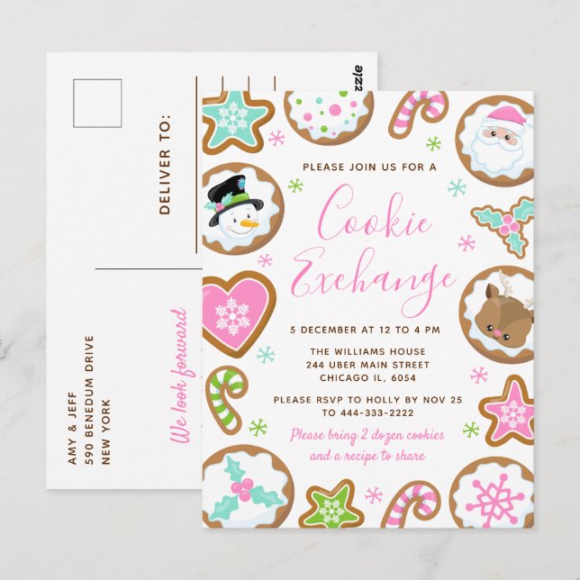 Postal Intercambio de Galletas de Navidad Rosa y Verde (Anverso / Reverso)
