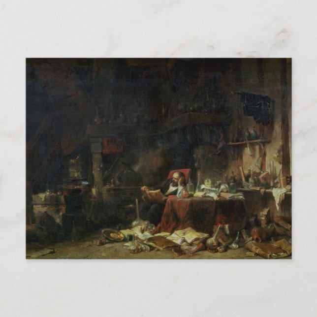 Postal Interior del estudio de un alquimista (Anverso)