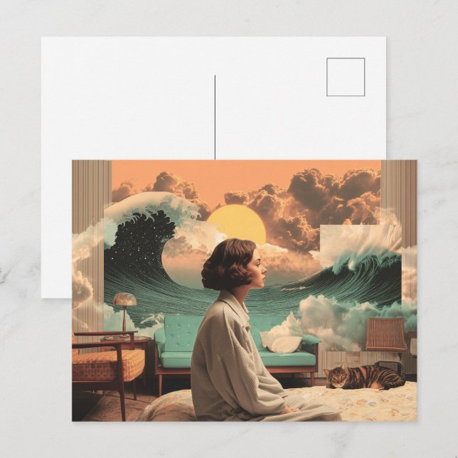 Postal Interior surrealista con mujer y gato (Anverso / Reverso)
