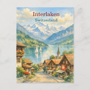 Postal Interlaken Suiza acuarela vintage viaje