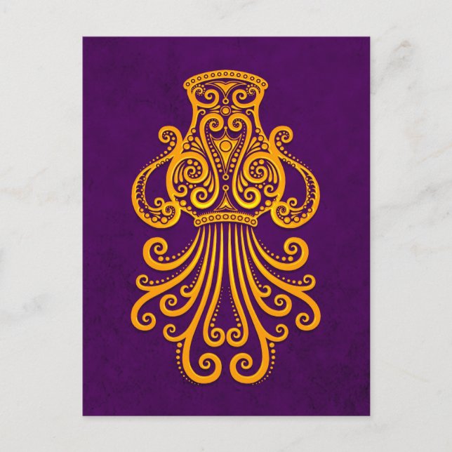 Postal Intrincado Aquarius Zodiac amarillo en morado (Anverso)
